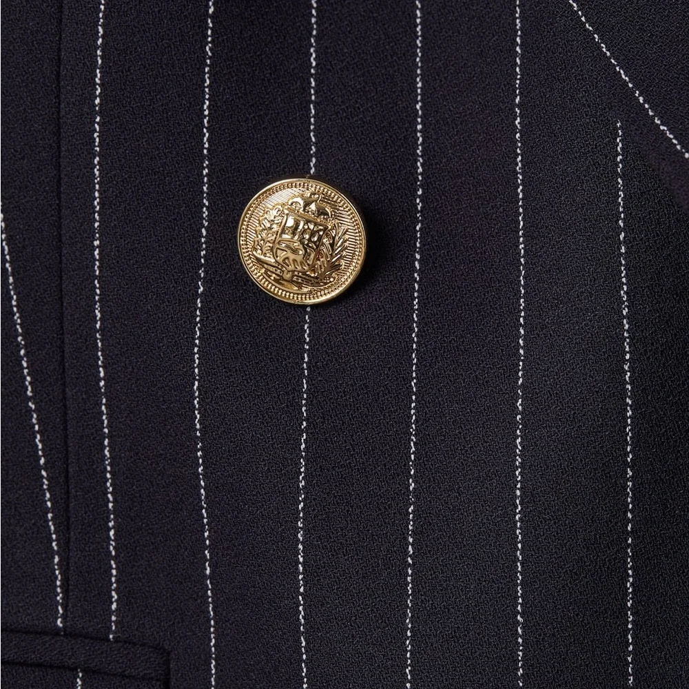 H&M Double-Breasted Pinstripe Blazer Navy Blue Gold Button Jacket Size 0 - Picture 11 of 11